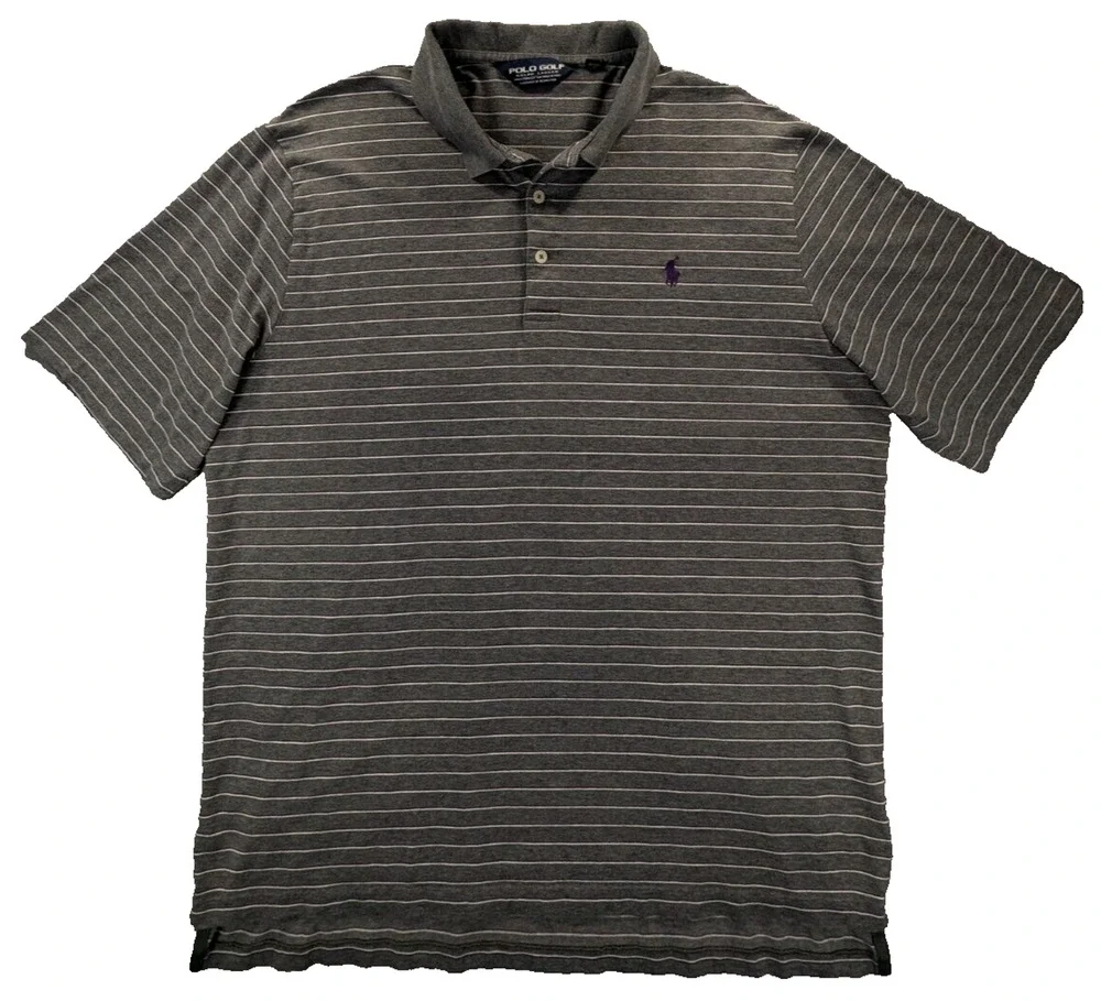 Ralph Lauren Polo Shirt Men's Large Gray Striped Golf Pima Cotton Short Sleeve